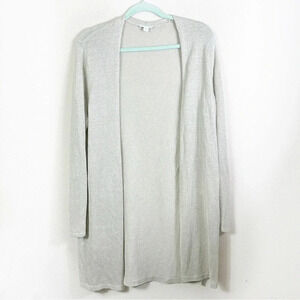J. Jill Linen Blend Open Front Long Knit Cardigan Sweater in Medium Tan Beige
